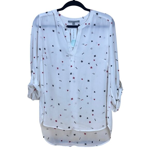 NWT Daniel Rainn Split Neck Blouse White Novelty Print Roll Tab Sleeve Women’s S - Picture 2 of 12